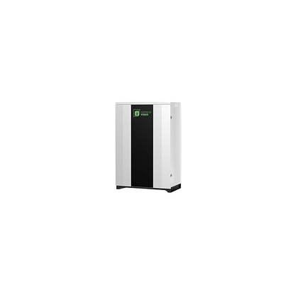 A compact vertical wall-mounted heat pump or air source heat pump unit with a white exterior, a central black front panel, and a small green and white logo near the top left of the black panel, shown on a plain white background.