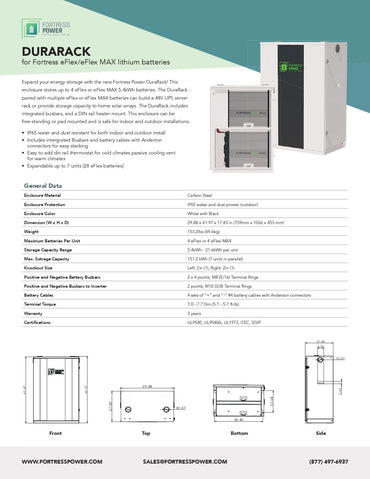 A product information sheet for Durarack lithium batteries by Fortess Power, showing a gray battery pack, a white battery module, and technical specifications, dimensions, and scale drawings on a white background.