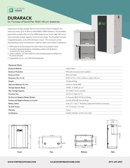 A product information sheet for Durarack lithium batteries by Fortess Power, showing a gray battery pack, a white battery module, and technical specifications, dimensions, and scale drawings on a white background.