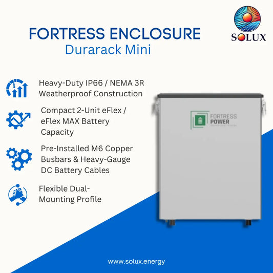 A promotional product graphic for Fortress Durarack Mini by Solux.energy with product image of enclosure on the right side and key features on the left