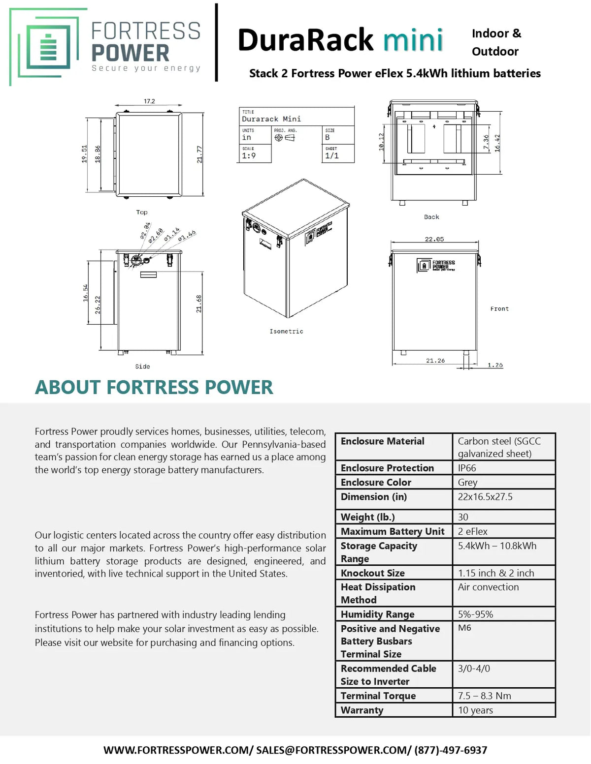 Technical product sheet for the DuraRack mini battery stack by Fortress Power, showing a 2-stack 4 kWh lithium battery system with labeled dimensions, weight, and a specification table on a white background.