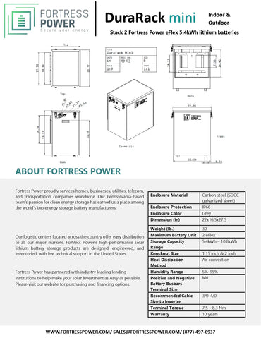 Technical product sheet for the DuraRack mini battery stack by Fortress Power, showing a 2-stack 4 kWh lithium battery system with labeled dimensions, weight, and a specification table on a white background.