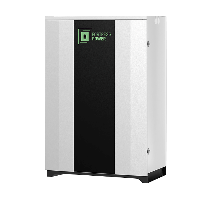 Fortress Power inverter or battery storage unit with a white textured cabinet, a central black panel, and a green and white logo on the front.