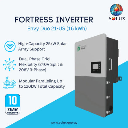 SOLUX Fortress Inverter Envy Duo 21-US (16 kWh) solar power system unit shown on a blue and white promotional background with feature callouts and a 10-year warranty badge.