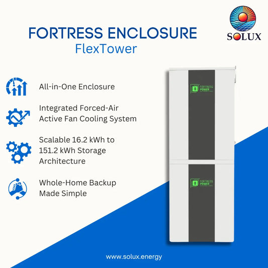 SOLUX Fortress Enclosure FlexTower product graphic on a white and blue background, showing a white and dark gray dual-bay energy storage enclosure with feature callouts on the left.