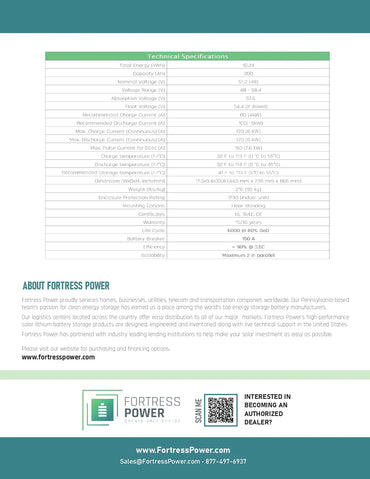 A technical specifications sheet and company information page for Fortress Power, featuring a table of technical specs on the top half and company details on the bottom half with logos and contact information.