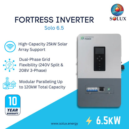 Solux Fortress Inverter Solo 6.5kW product graphic on a blue and white background, showing the gray and black inverter unit with feature callouts and a 10-year warranty badge.