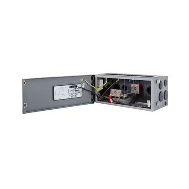 An open gray metal electrical junction box showing internal wiring, terminal blocks, and conduit on a plain white background.