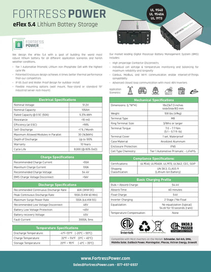 A technical specification sheet for the Fortress Power eFex 5.4 Lithium Battery Storage system, featuring a product photo in the top right, detailed specs tables, and certification logos on a white background.
