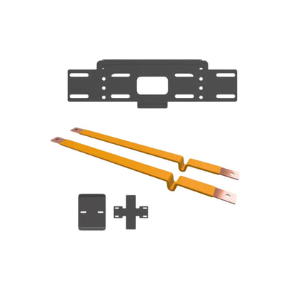 A set of metal mounting hardware on a plain white background, including a dark gray bracket, two long orange metal bars with copper-toned ends, and two small dark gray connector pieces.