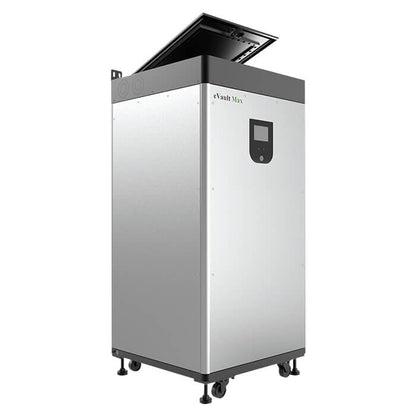 Metallic storage unit with digital display on a white background