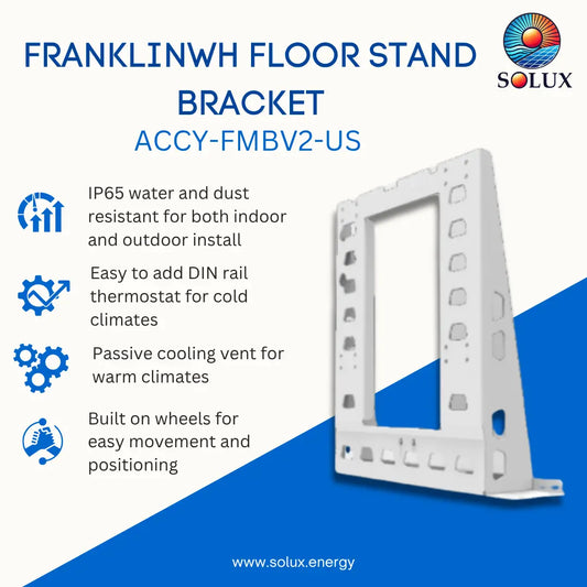 A white metal floor stand bracket labeled ACCY-FMBV2-US by Solux, shown on a blue-and-white promotional graphic with feature callouts and the Solux logo.