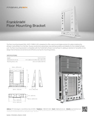 FranklinWH Floor Mounting Bracket product information sheet showing the bracket from multiple angles, technical specifications, dimensions, and a small application photo on a light gray background.