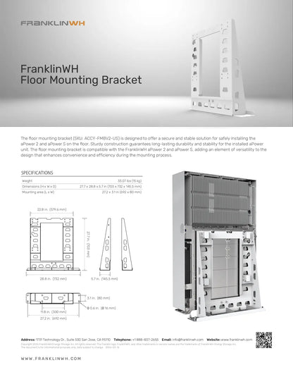 FranklinWH Floor Mounting Bracket product information sheet showing the bracket from multiple angles, technical specifications, dimensions, and a small application photo on a light gray background.