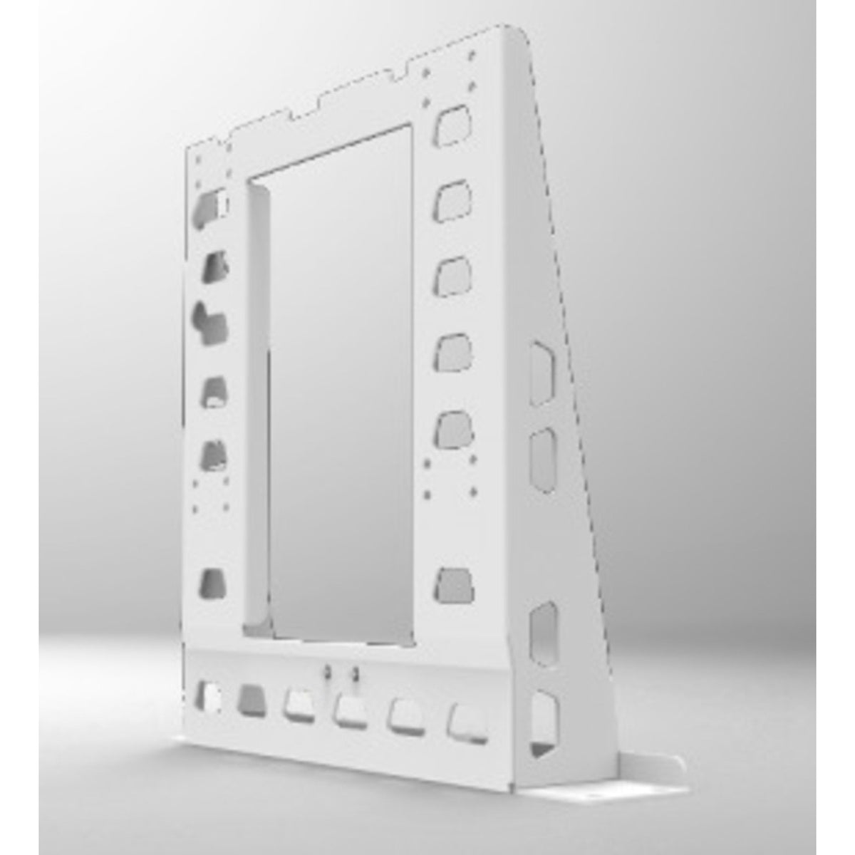 A white metal mounting bracket with pre-drilled holes, shown standing upright on a light gray background.
