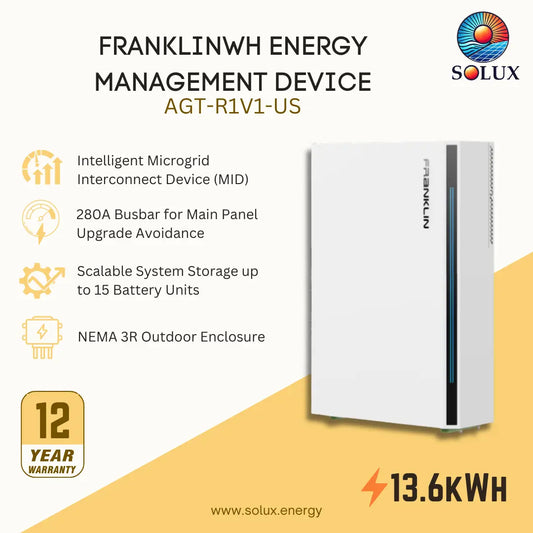 Franklinwh Energy Management Device AGT-R1V1-US by Solux, a white outdoor enclosure device with vertical branding, shown on a beige and yellow graphic background with feature callouts and a 12-year warranty badge.