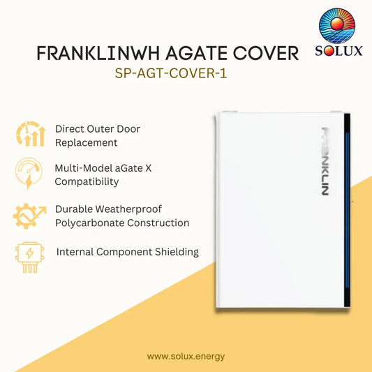 Franklinwh Agate Cover SP-AGT-COVER-1 by Solux, a white rectangular outdoor replacement cover with a black side edge, shown on a beige and yellow graphic background with product features listed on the left.