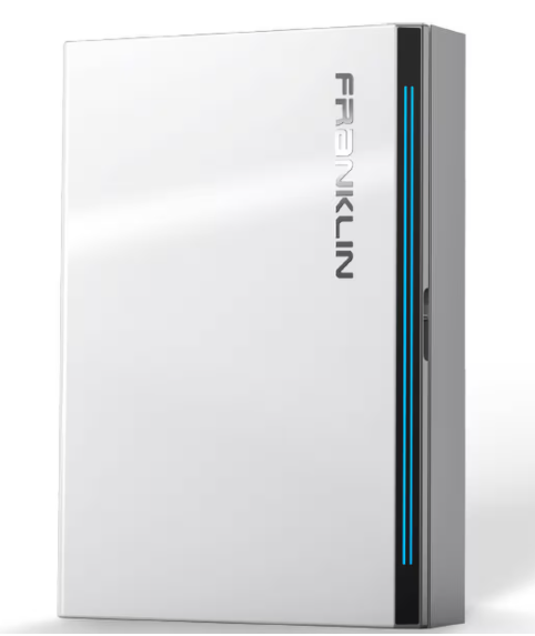 A white rectangular electronic device with a metallic finish, featuring the vertical brand name 'FRANKLIN' in dark gray on the front and two bright blue accent stripes along the right edge.