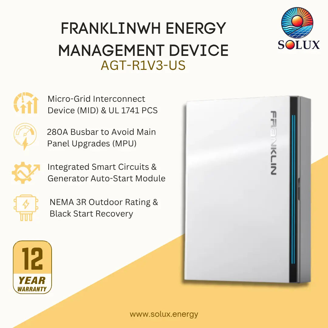 Solux Franklinwh Energy Management Device AGT-R1V3-US in a white rectangular metal casing with a vertical blue accent strip, shown on a beige and yellow graphic background with product features and a 12-year warranty badge.