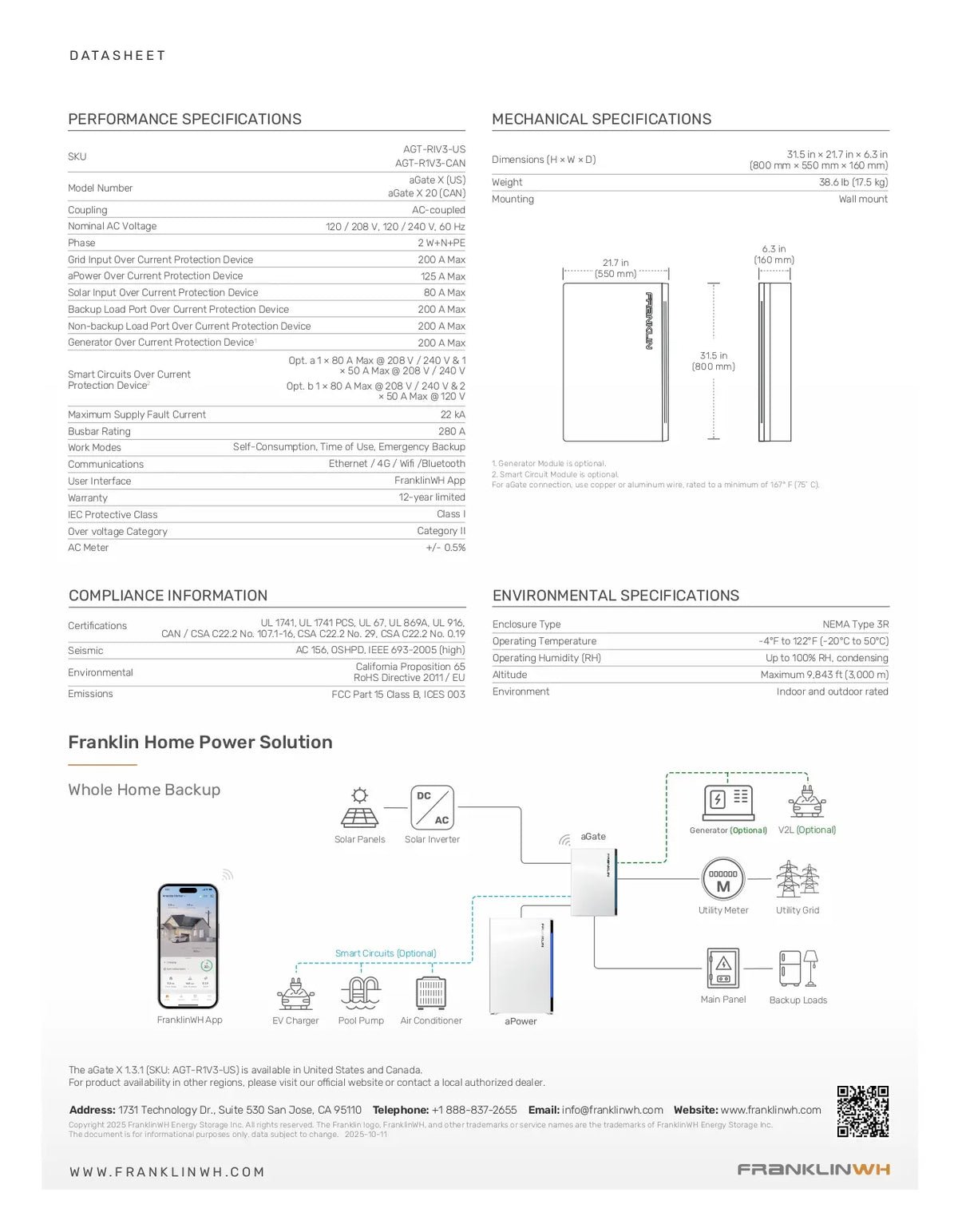 A technical datasheet page for the Franklin Home Power Solution, showing performance specifications, mechanical specifications with dimensions, compliance information, environmental specifications, and a whole home backup system diagram with icons and component labels.