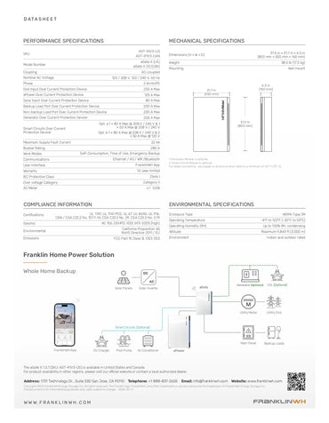 A technical datasheet page for the Franklin Home Power Solution, showing performance specifications, mechanical specifications with dimensions, compliance information, environmental specifications, and a whole home backup system diagram with icons and component labels.
