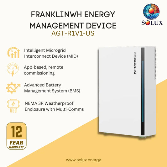 Solux Franklinwh Energy Management Device AGT-R1V1-US in a white weatherproof enclosure, shown on a beige and yellow graphic background with product features and a 12-year warranty badge.
