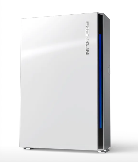 A Franklin portable power station with a white front panel, silver side frame, and a vertical blue LED light strip on the front, shown on a clean white background.