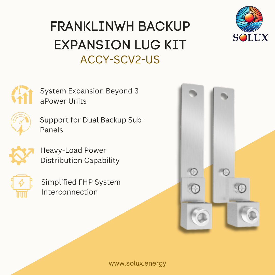 Solux Franklinwh Backup Expansion Lug Kit (ACCY-SCV2-US) featuring two silver metal expansion lugs with mounting brackets, presented on a split white and yellow background with product features listed on the left.