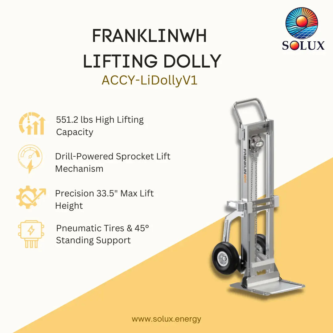A promotional product graphic for the Solux Franklinh Lifting Dolly, model ACCY-LiDollyV1. The image features a silver metal hydraulic lifting dolly with black wheels on the right, set against a split cream and mustard yellow background.