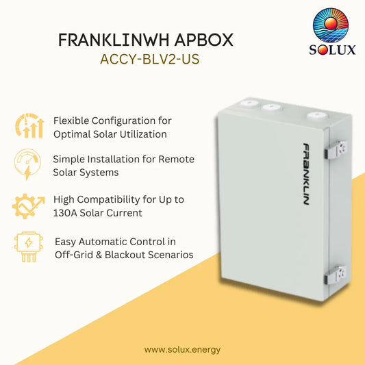 A promotional product graphic for the Solux Franklinwh APBox ACCY-BLV2-US. The image features a light gray electrical enclosure box on the right, with text on the left detailing its features: flexible configuration, simple installation, high compatibility up to 130A solar current, and easy automatic control in off-grid and blackout scenarios.