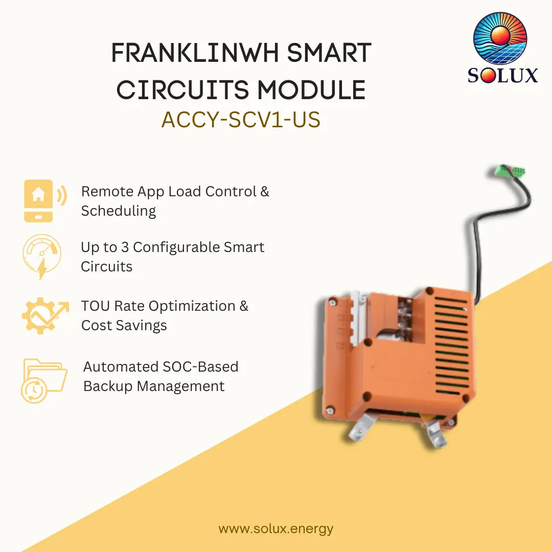 Promotional graphic for the Solux Franklinwh Smart Circuits Module (ACCY-SCV1-US), showing the orange electronic module on the right and key features listed on the left against a split white and yellow background.