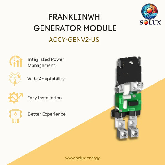 SOLUX Franklinwh Generator Module ACCY-GENV2-US product graphic on a cream and yellow background, featuring the product photo alongside feature icons and text.