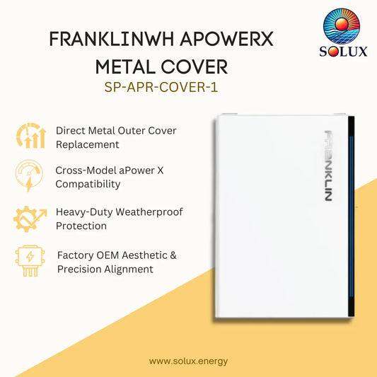 Franklinwh Apowerx metal cover SP-APR-COVER-1 replacement part by Solux Energy, shown as a white rectangular device with a black side edge on a beige and yellow graphic background with product features listed on the left.