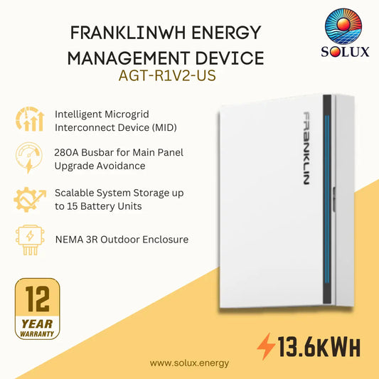 Franklinwh Energy Management Device AGT-R1V2-US by Solux, a white outdoor battery enclosure with a vertical black and blue accent strip, shown on a beige and yellow graphic background with feature callouts and a 12-year warranty badge.