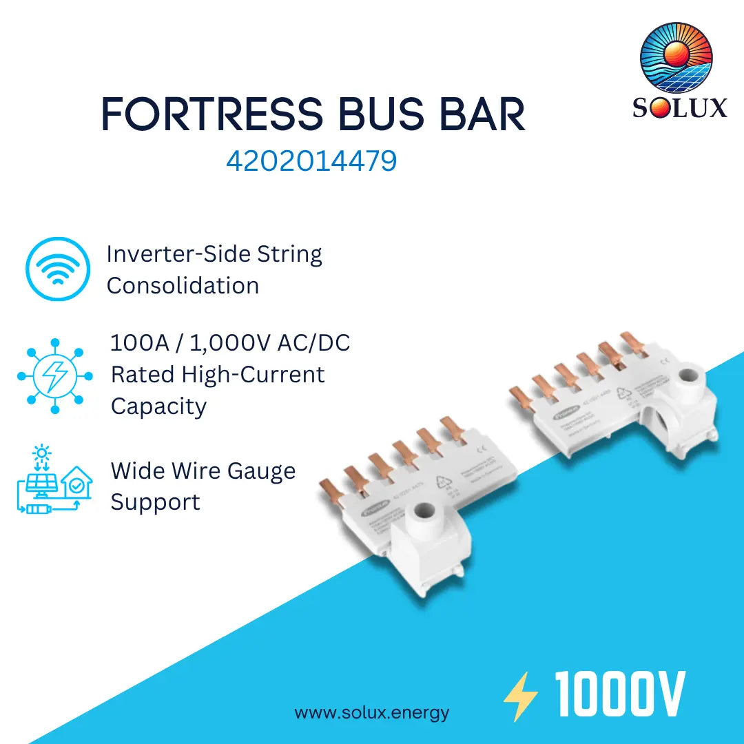 Solux Fortress Bus Bar product graphic showing two white bus bar components with copper-colored terminal posts, accompanied by feature callouts and branding on a white and blue background.