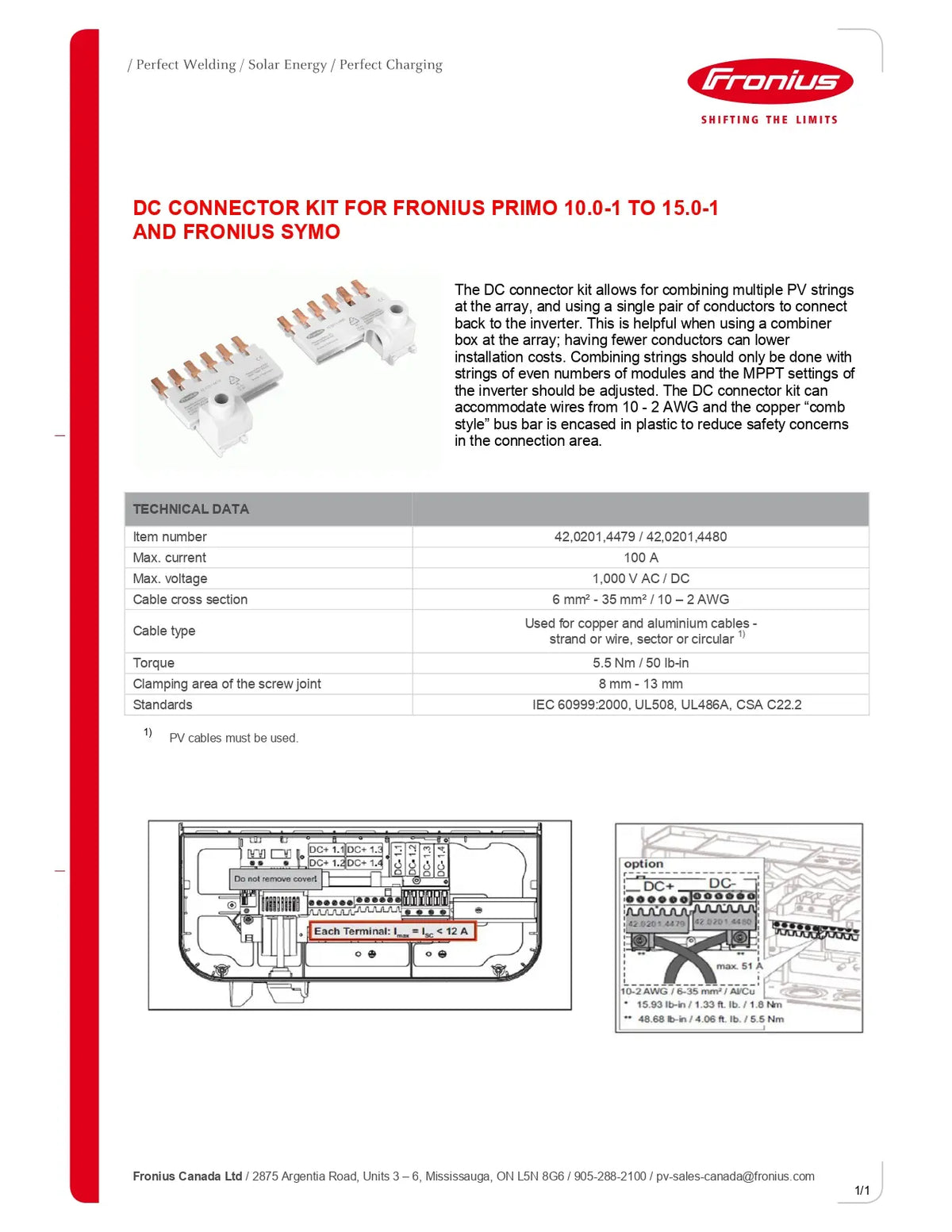 A printed product information sheet for a Fronius DC connector kit, showing the kit contents, technical data, and wiring diagrams on a white page with red and black text.