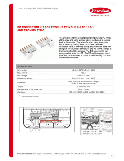 A printed product information sheet for a Fronius DC connector kit, showing the kit contents, technical data, and wiring diagrams on a white page with red and black text.