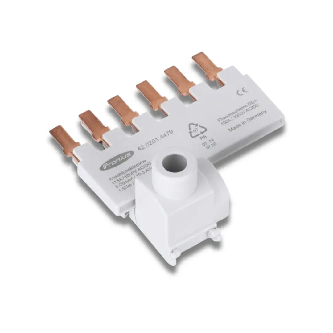 A white plastic Fronius gas valve assembly with five copper-colored metal terminals and a central cylindrical opening, shown on a clean white background.