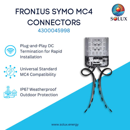 Frontius Symo MC4 Connectors product graphic on a white and blue background, showing a transparent DC connector module with black cables and text highlighting plug-and-play installation, MC4 compatibility, and IP67 weatherproof protection. Solux branding is visible.
