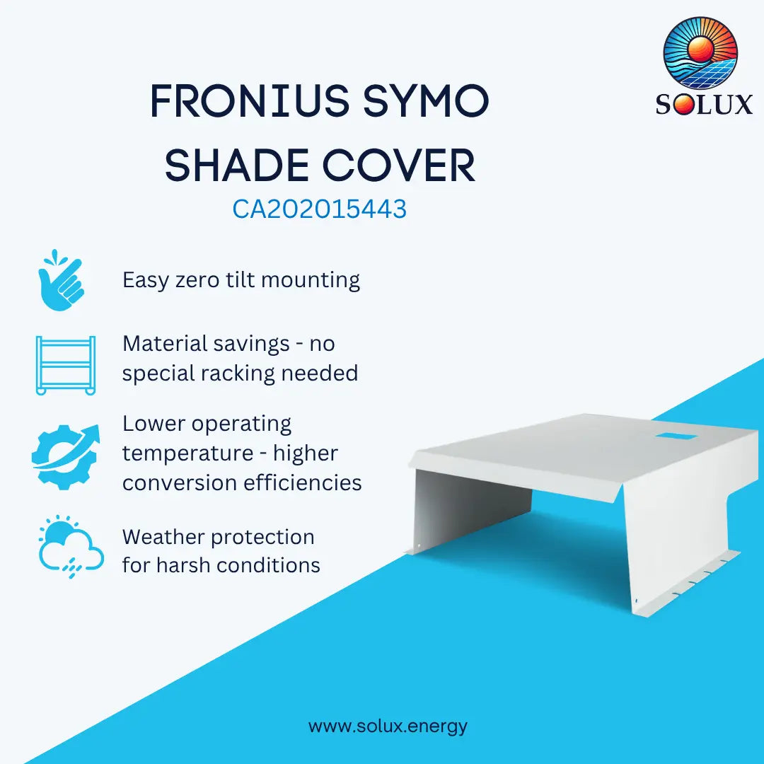 A promotional graphic for the Solux Fronius Symo shade cover, model CA202015443. The image features a white metal shade cover on a bright blue and white background, accompanied by text highlighting its features: easy zero-tilt mounting, material savings, lower operating temperature, and weather protection.