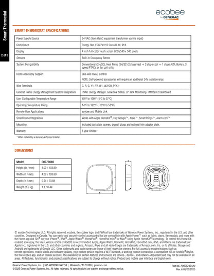 Generac G0073640 Ecobee Smart Thermostat (included w/ purchase of PWRcell 2 system)