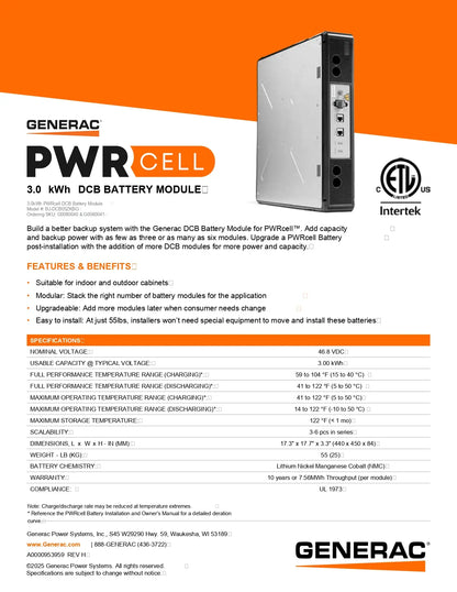 Generac G0080041 3.0 kWh DCB PWRcell Battery Module