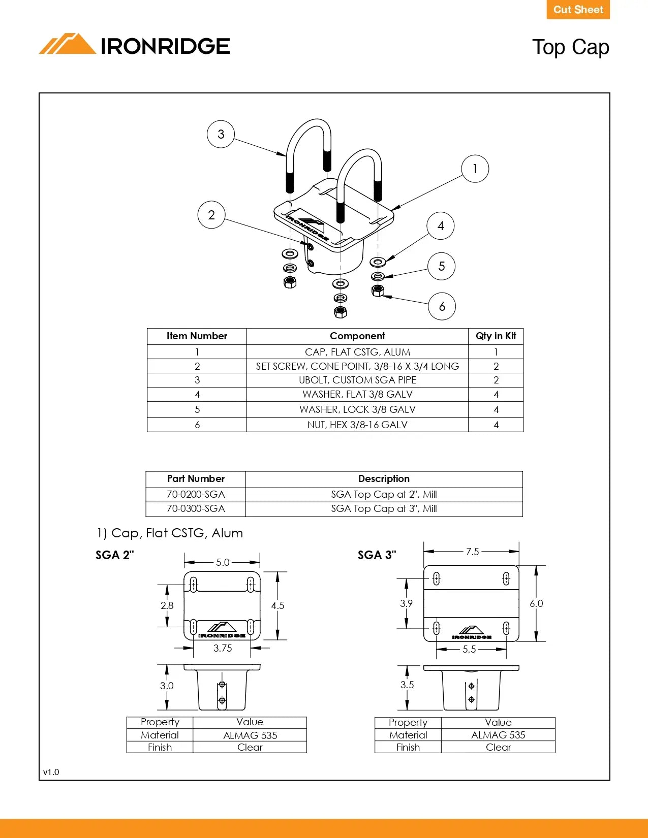 Technical diagram of a top cap assembly with component labels and specifications, featuring Ironridge branding.