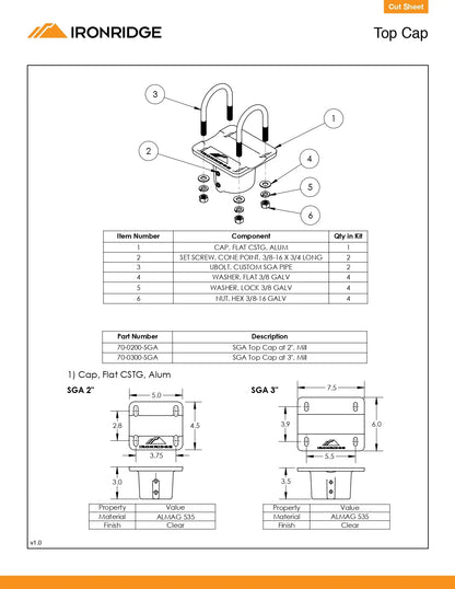 Technical diagram of a top cap assembly with component labels and specifications, featuring Ironridge branding.