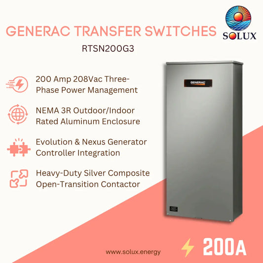 A promotional product graphic for a Solux Generac Transfer Switch RTSN200G3, showing a tall silver metal enclosure on the right and feature callouts on the left against a white and coral background.