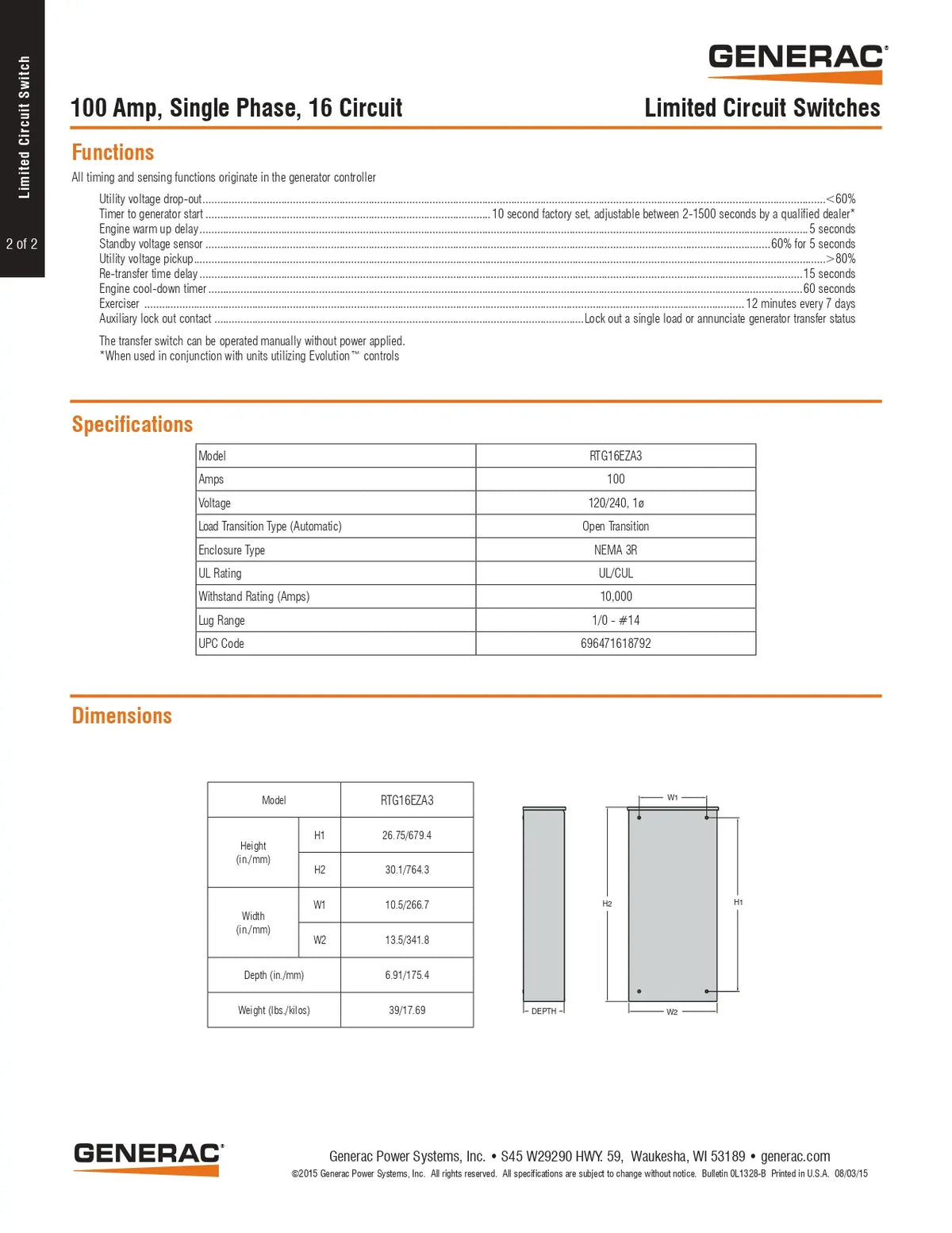 Technical Specs of Generac 100 amp Single Phase 16 Circuit