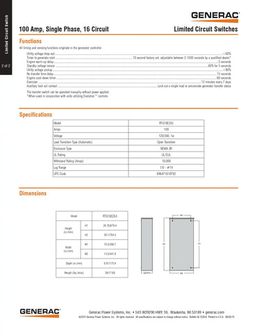 Technical Specs of Generac 100 amp Single Phase 16 Circuit
