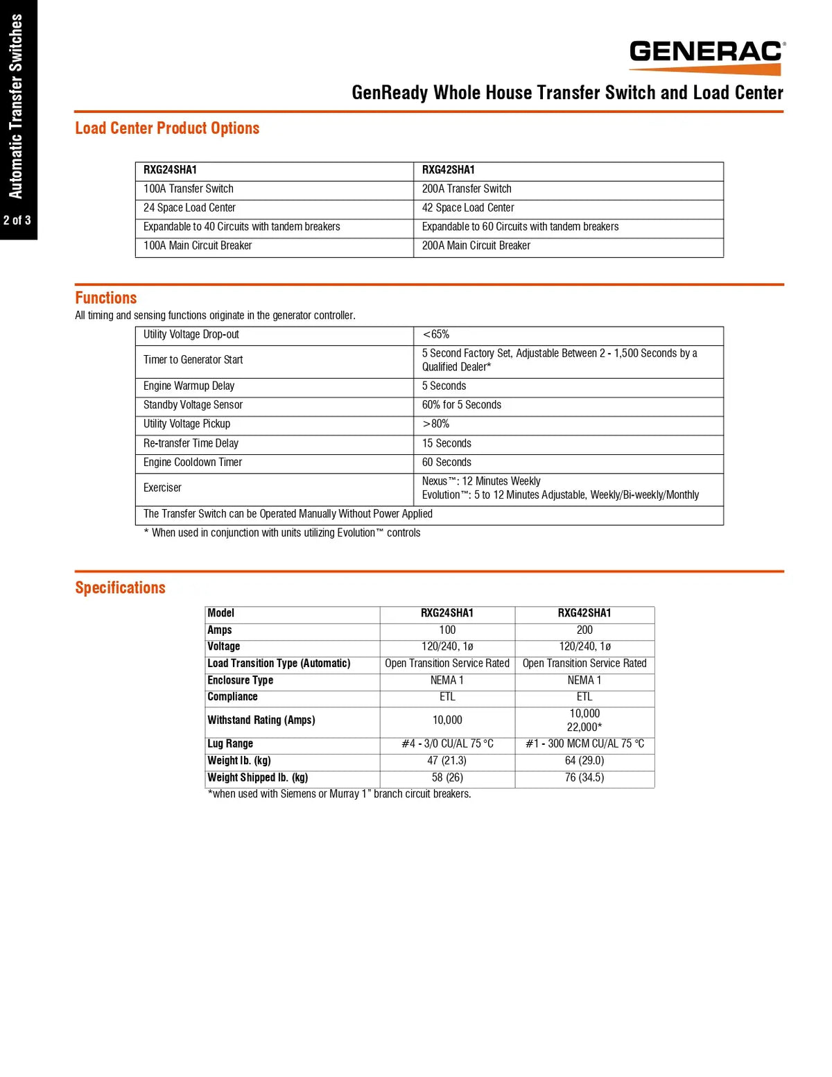 A technical specification sheet for the Generac GenReady Whole House Transfer Switch and Load Center, showing product options, functions, and specifications for models RKS2000T, RKS2500T, and RKS3000T on a white background.
