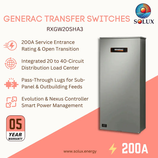 Solux Generac Transfer Switches RXGW20SHA3, a 200A gray metal unit, shown on a white and coral graphic background with product features and a 5-year warranty badge.