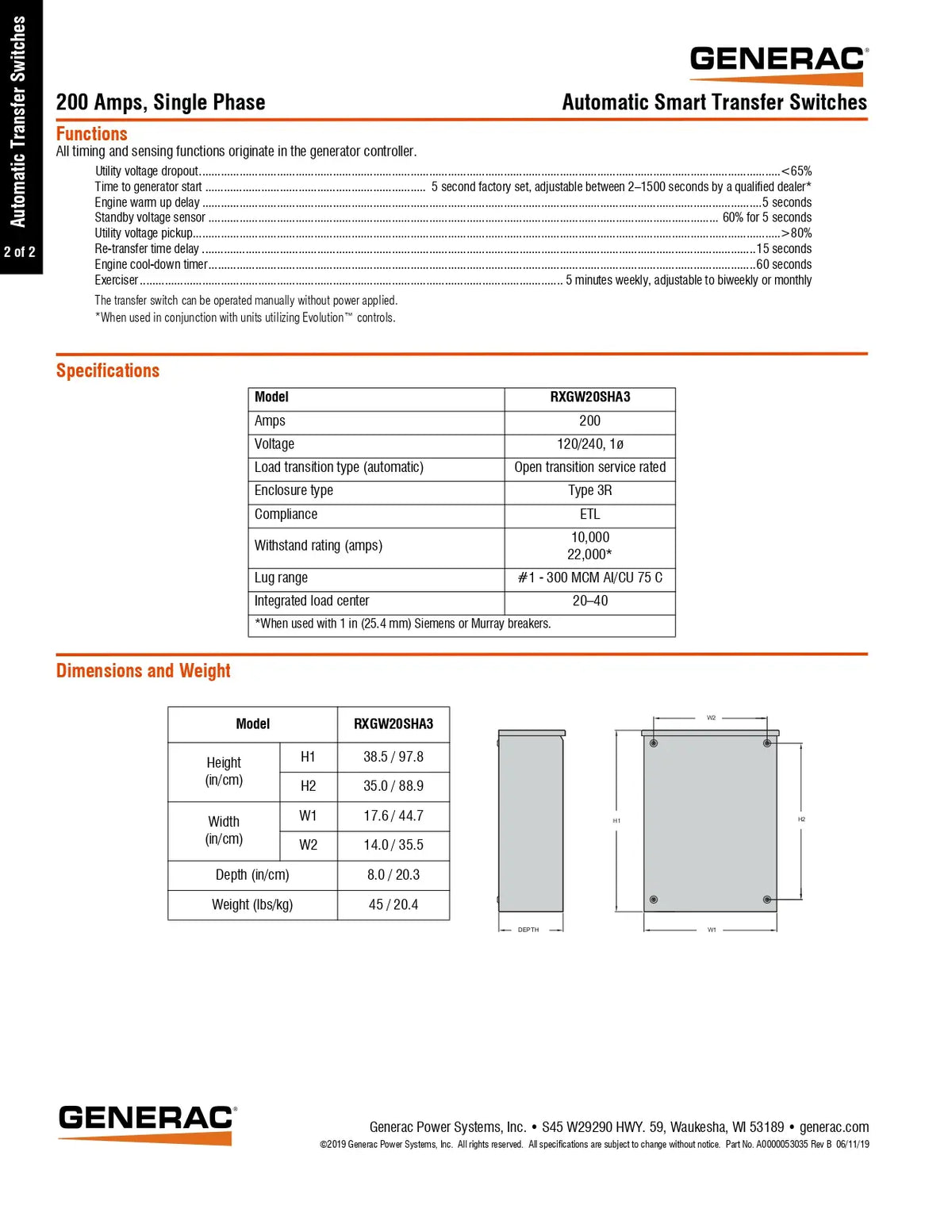 Generac 200 Amps Single Phase Automatic Smart Transfer Switch product sheet showing functions, specifications, and dimensions and weight diagrams.
